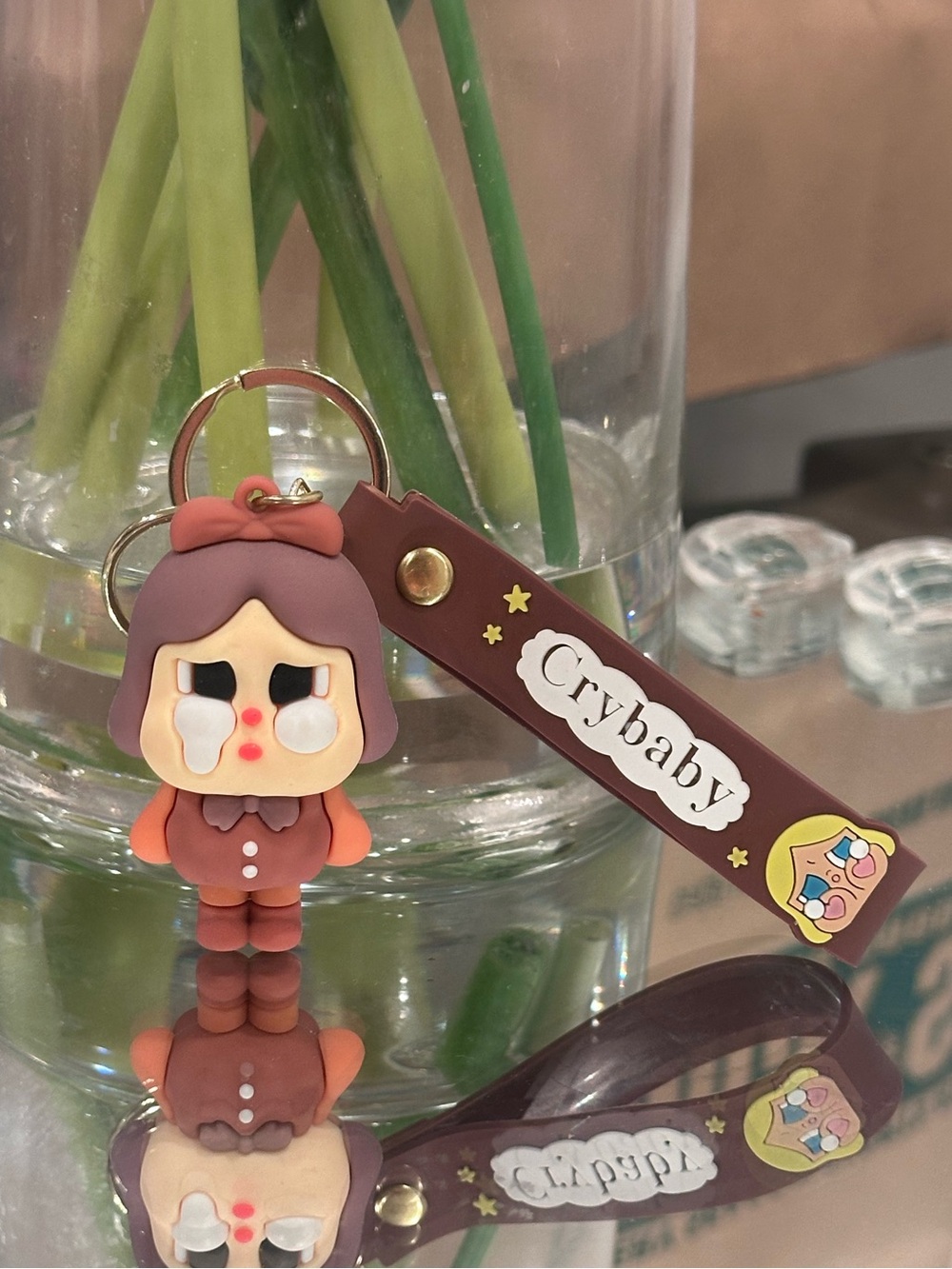 Crybaby Brown Kawaii Crying Girl PVC Keychain Wristlet Bag Charm Gold Tone Y2K